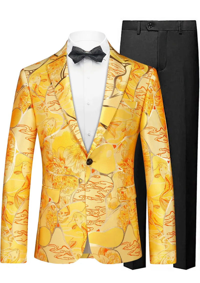 Yellow floral tuxedo jacket with black bow tie and pants on a white background