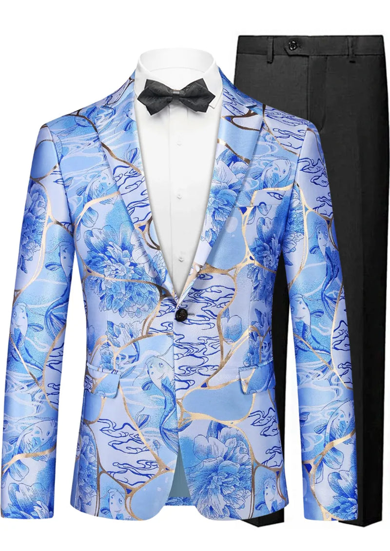 Blue floral patterned suit jacket with black bow tie and pants on a white background