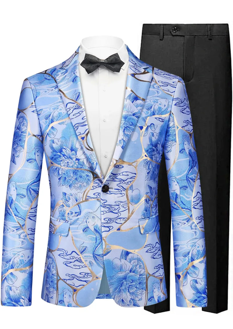 Blue floral patterned suit jacket with black bow tie and pants on a white background