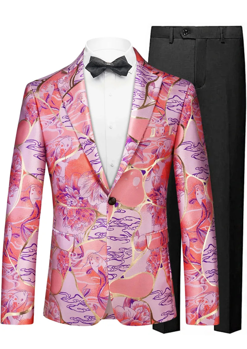 Colorful floral-patterned suit jacket on a mannequin with black bow tie and pants.