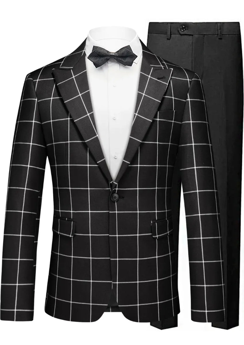 Black checkered suit jacket with white shirt and black bow tie on a white background