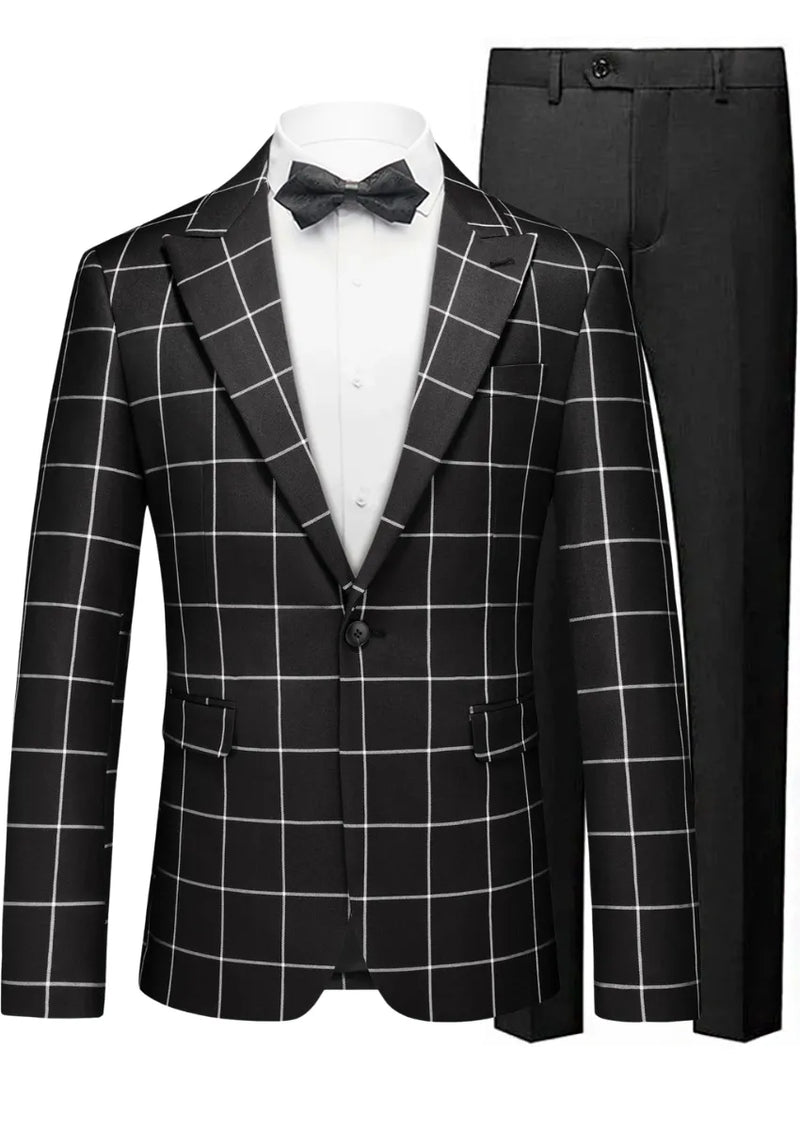Black checkered suit jacket with white shirt and black bow tie on a white background