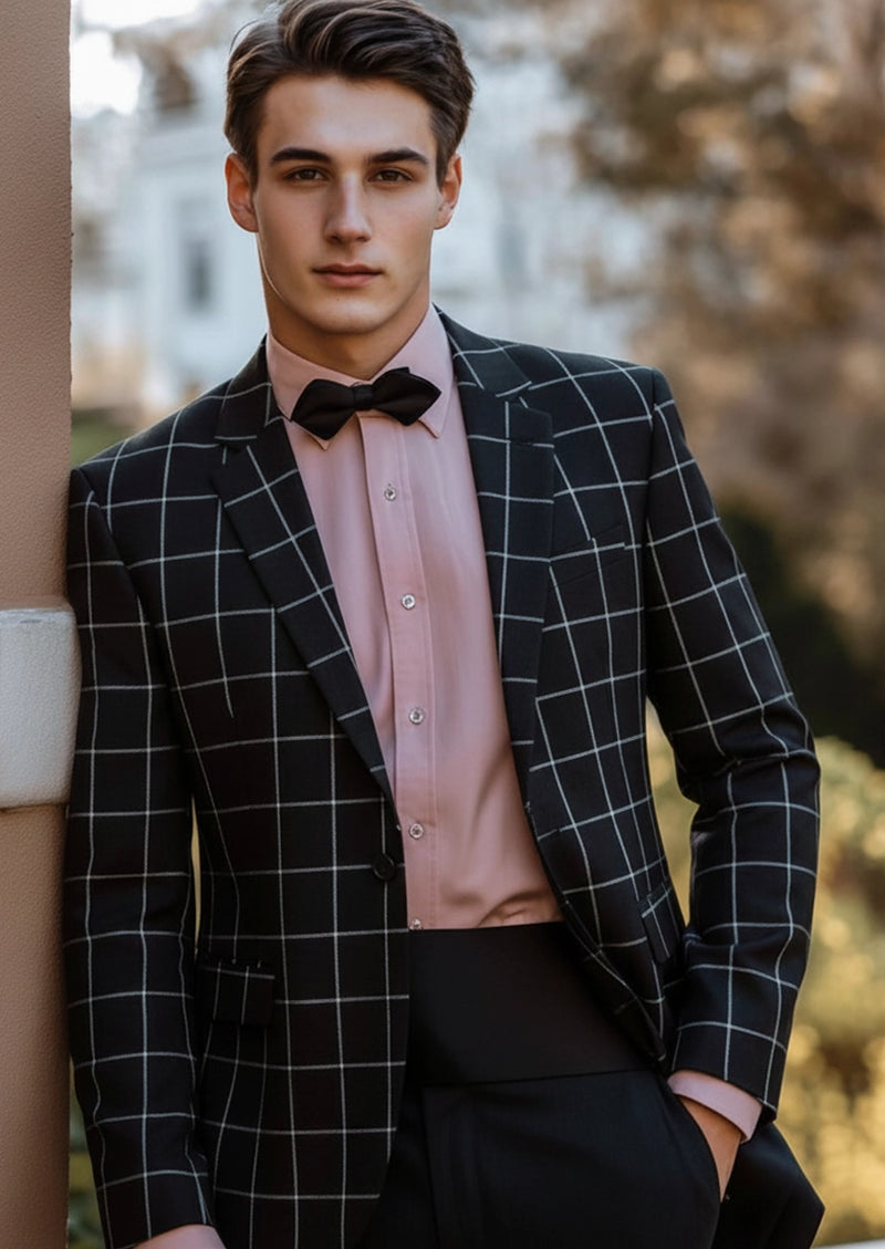 Men’s Slim Fit Black Plaid One Button Casual Blazer