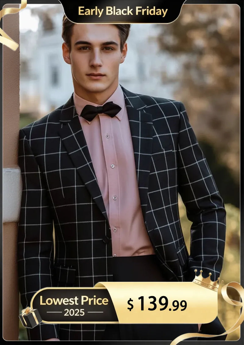 Men’s Slim Fit Black Plaid One Button Casual Blazer