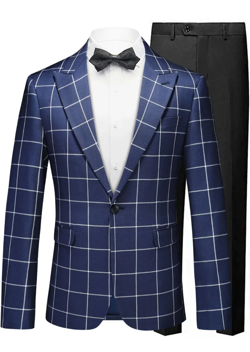 Blue checkered suit jacket with black bow tie on a white background