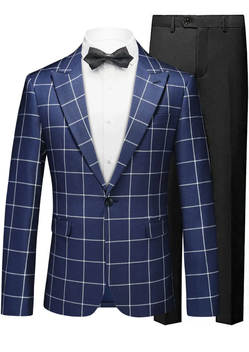 Blue checkered suit jacket and black pants on a white background