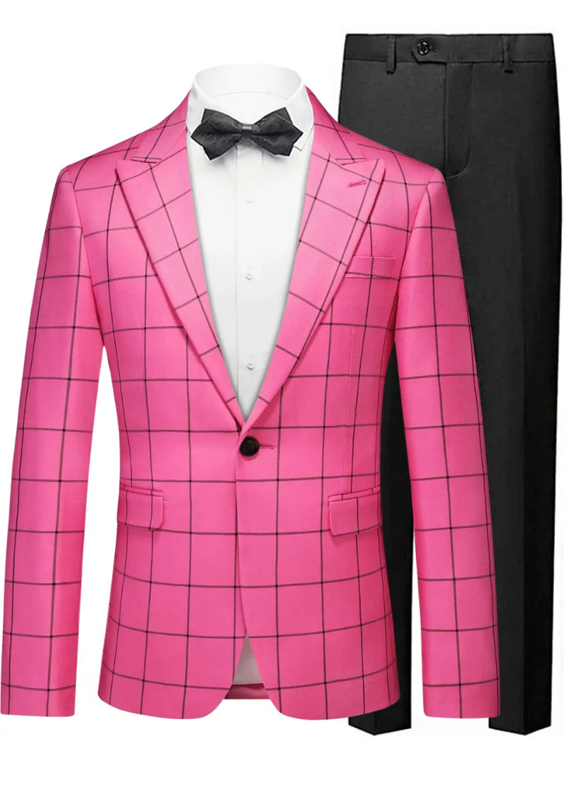 Pink checkered suit jacket with black bow tie on a white background