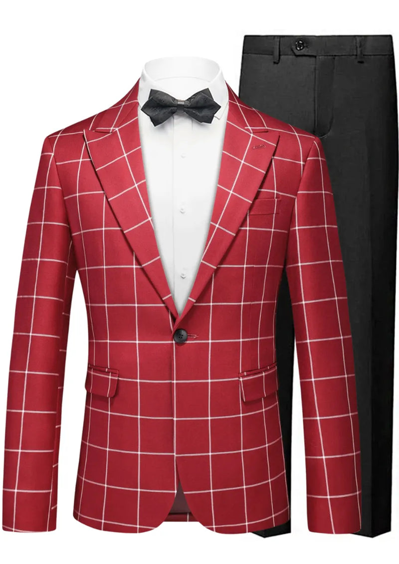 Red checkered suit jacket with black bow tie and pants on a white background