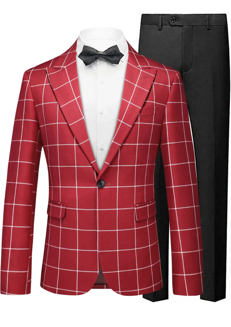 Red checkered suit jacket with black bow tie and black pants on a white background