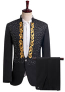 Men’s Stand Collar Embroidered Black Suit