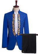 Men’s Stand Collar Embroidered Navy Blue Suit