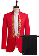 Men’s Stand Collar Embroidered Red Suit