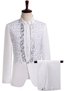 Men’s Stand Collar Embroidered White Suit