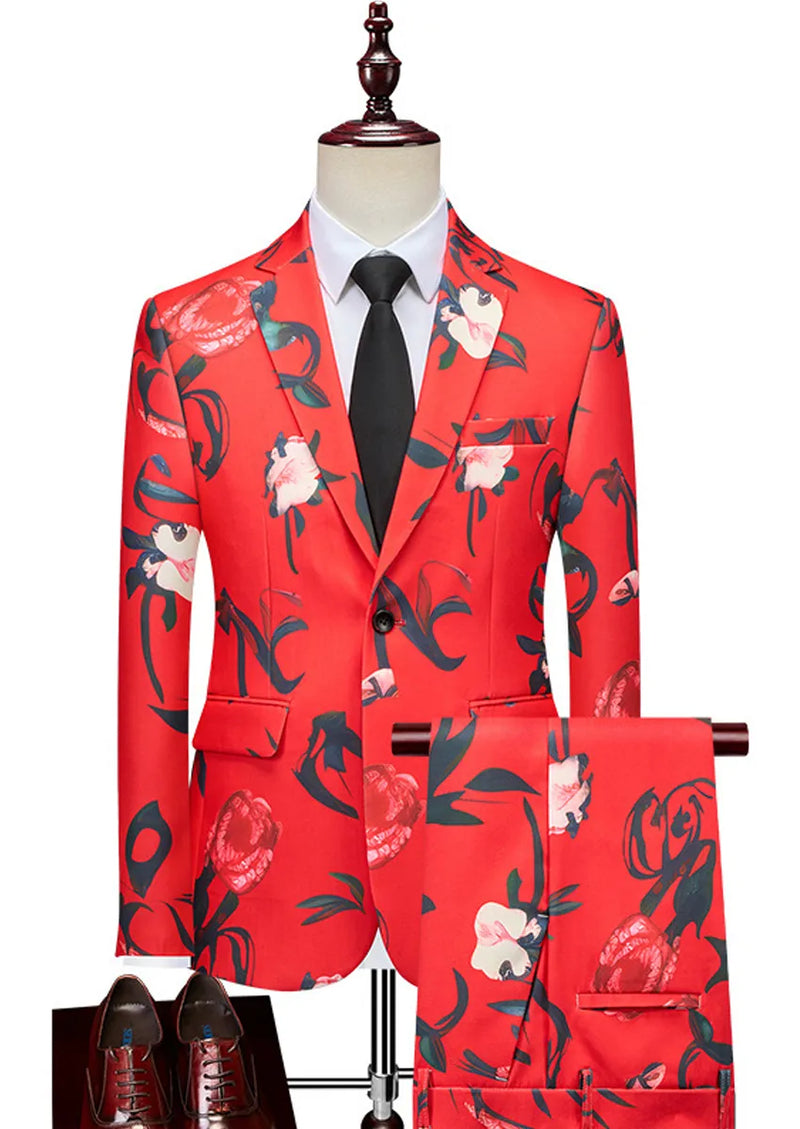 Red floral suit on a mannequin with white background