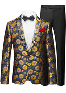 Blazer noir élégant à un bouton en jacquard floral doré pour homme