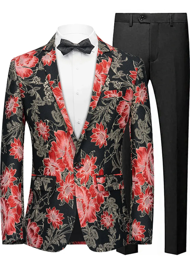 Veste élégante en jacquard floral rouge et noir pour homme