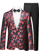 Blazer negro de un botón con estampado floral rojo de jacquard para hombre