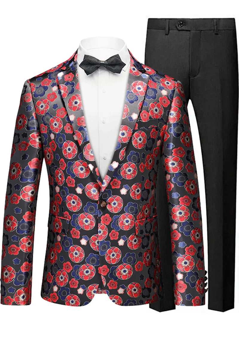 Blazer noir élégant à un bouton en jacquard floral rouge pour homme