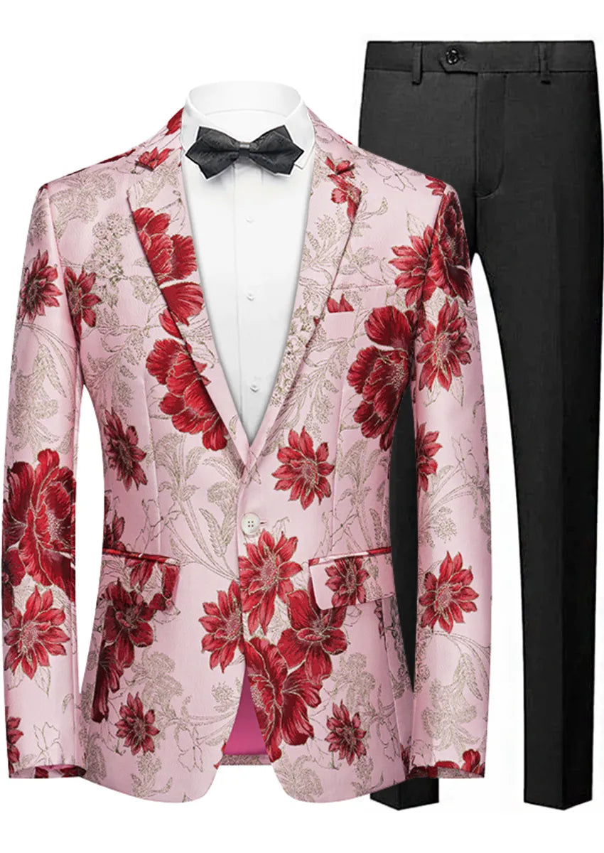 Men's Stylish Red Floral Jacquard Pink Jacket