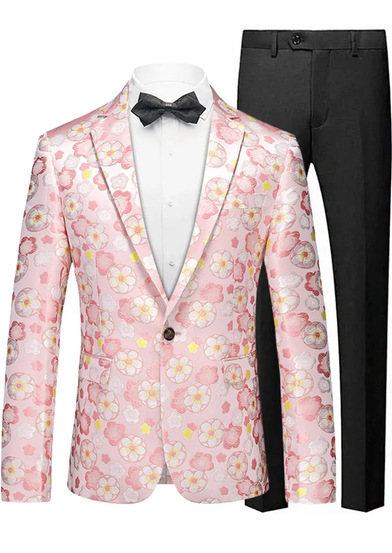 Blazer elegante de jacquard floral amarillo con un botón rosa para hombre