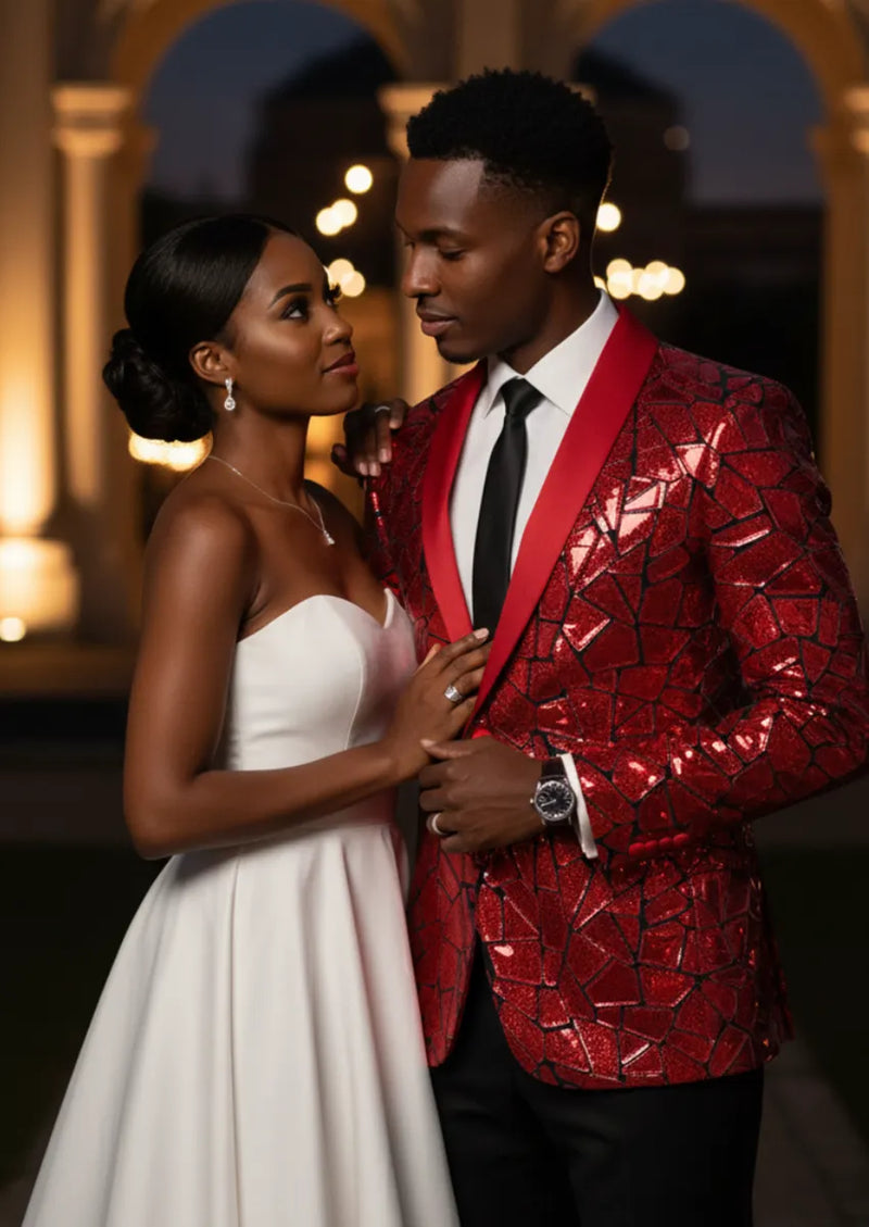 Traje de fiesta magenta con parches geométricos espejados únicos para hombre