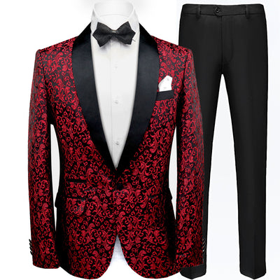 Men's 2-Piece Jacquard Embroidery Burgundy Blazer