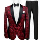 Men's 2-Piece Jacquard Embroidery Burgundy Blazer