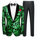Veste de smoking à paillettes vertes et florales pour homme