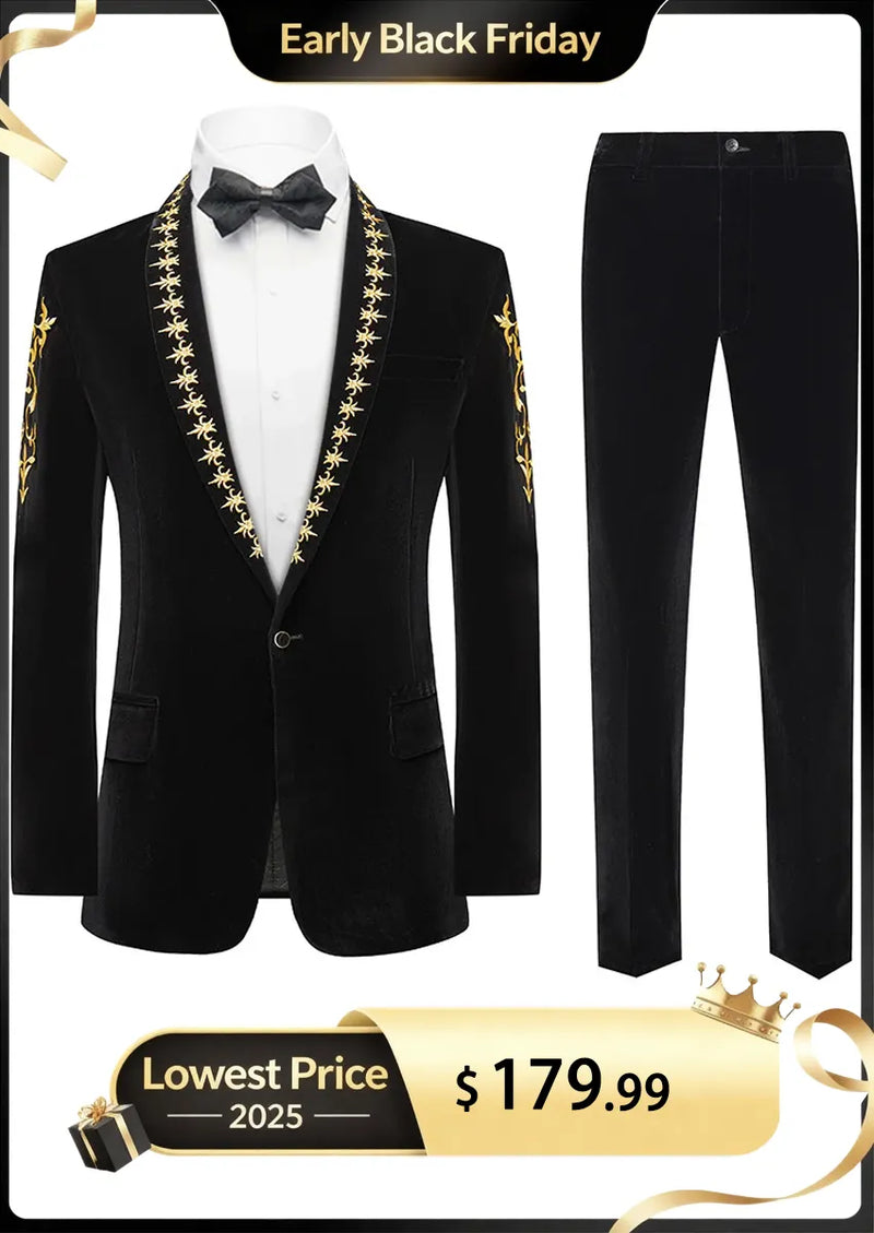 Chaqueta de esmoquin negra de terciopelo con bordado dorado de dos piezas para hombre