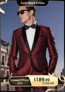 Mens 2-Piece Shawl Lapel Jacuard Burgundy Tuxedo Suit