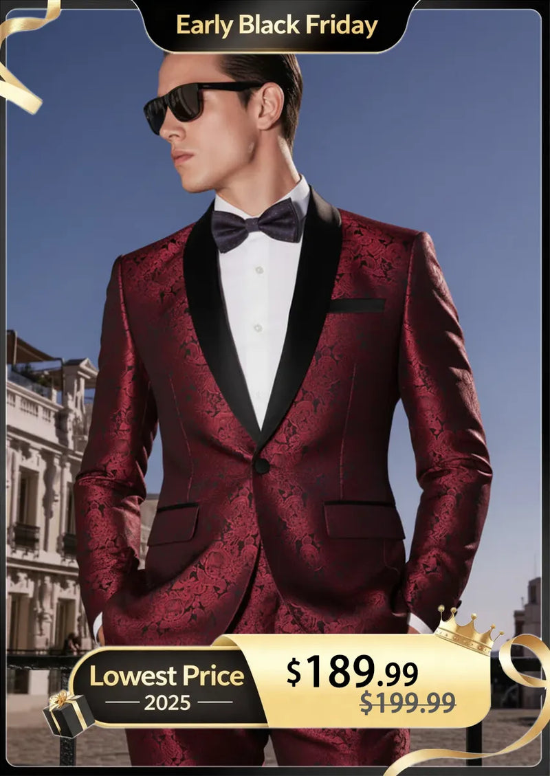 Mens 2-Piece Shawl Lapel Jacuard Burgundy Tuxedo Suit