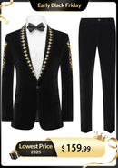 Chaqueta de esmoquin negra de terciopelo con bordado dorado de dos piezas para hombre