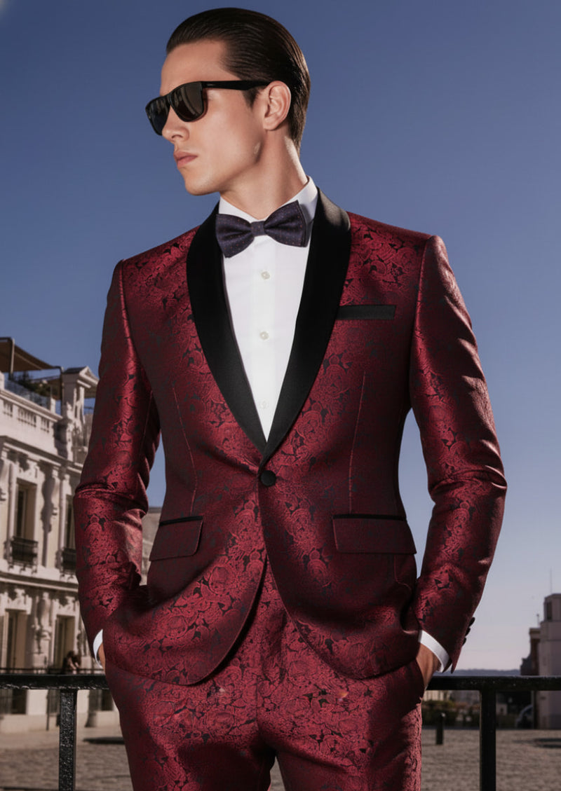 Mens 2-Piece Shawl Lapel Jacuard Burgundy Tuxedo Suit