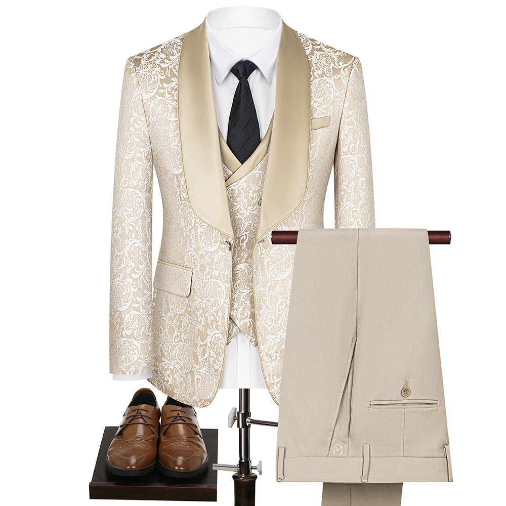 Tuxedo Action Men's 3-Piece Damask Jacquard Champagne Wedding Suit, Champagne / 1*Top-clothes + 1*Vest + 1*Pants / 36R