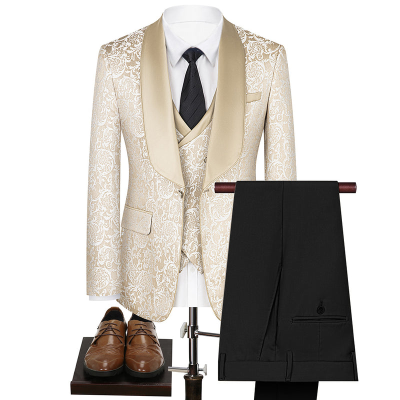 Men's 3-Piece Damask Jacquard Champagne Wedding Suit