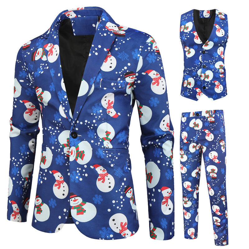 Men's 3-Piece Christmas Snowman Printed Blue Suit