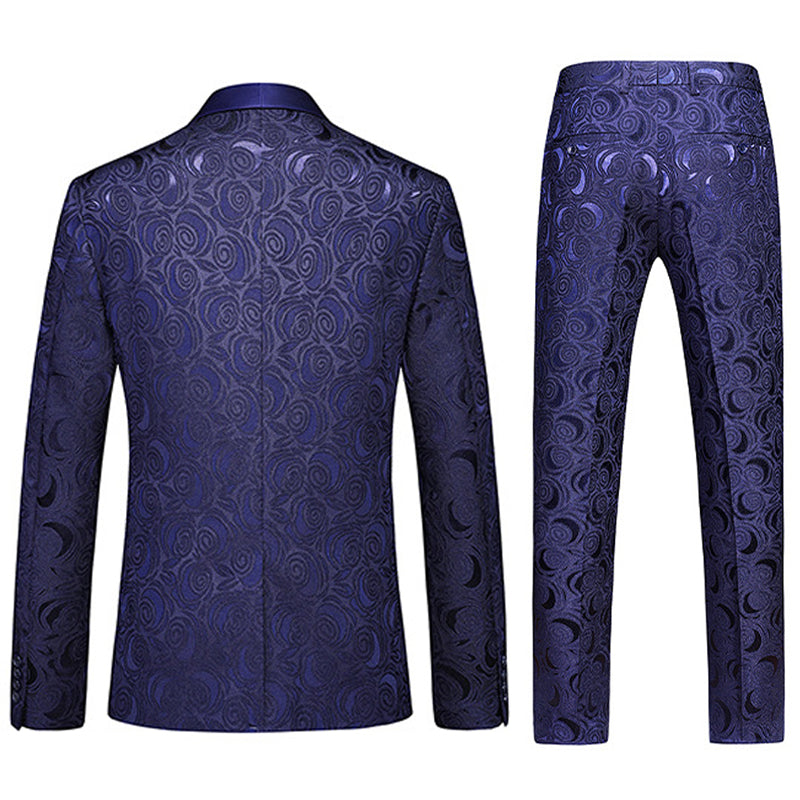 Men's 3-Piece Rose Embroidery Shawl Lapel Navy Suit