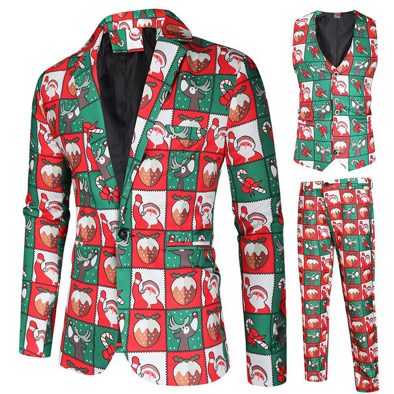 Men's 3-Piece Christmas Element Printed Red Suit