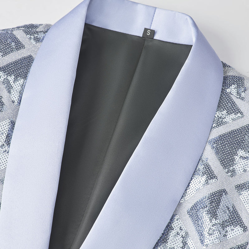 silver tuxedo jacket details