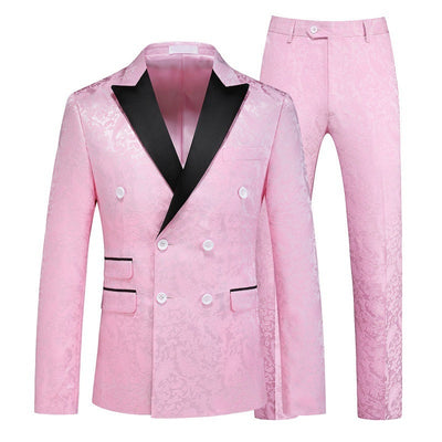 Men's 3-Piece Jacquard Peak Lapel Double Breasted Pink Tuxedo