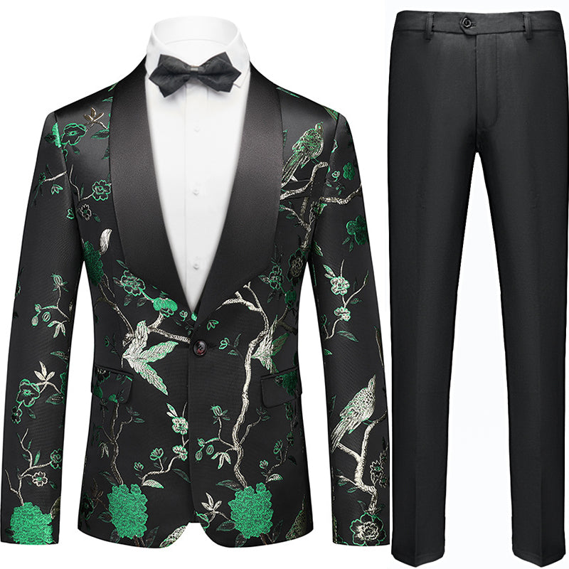 Men's 2-Piece Forest Green Tuxedo Embroided Bird and Flower