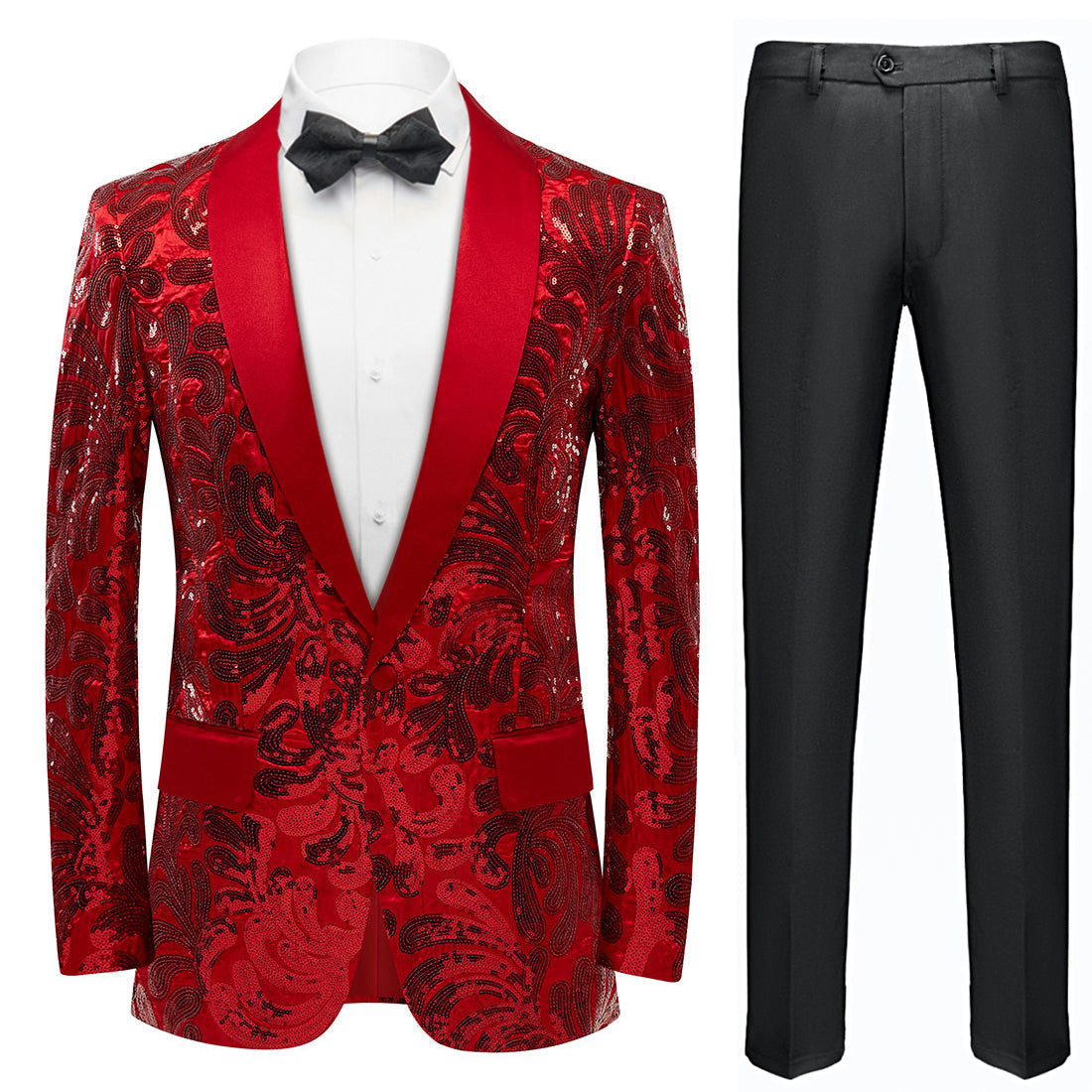 Men's Exquisite Shawl Lapel Floral Sequin Red Tuxedo Jacket