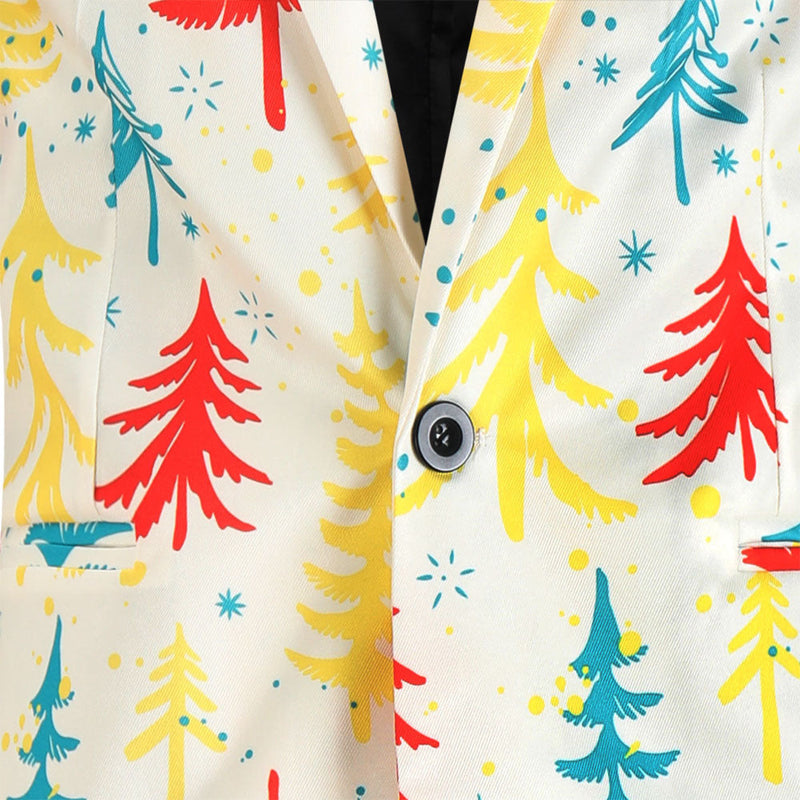 Men's 3-Piece Christmas Trees Printed White Suit