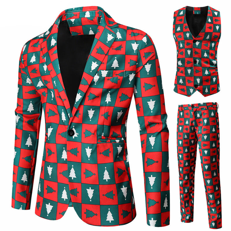 Men's 3-Piece Christmas Trees Printed Red Suit