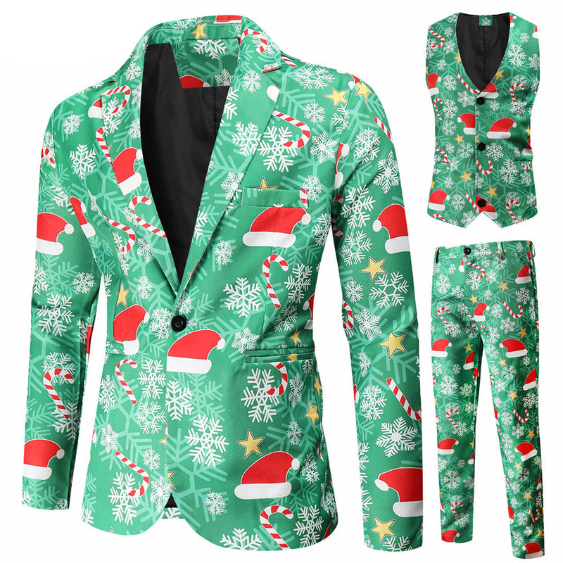 Men's 3-Piece Christmas Santa Printed Green Suit
