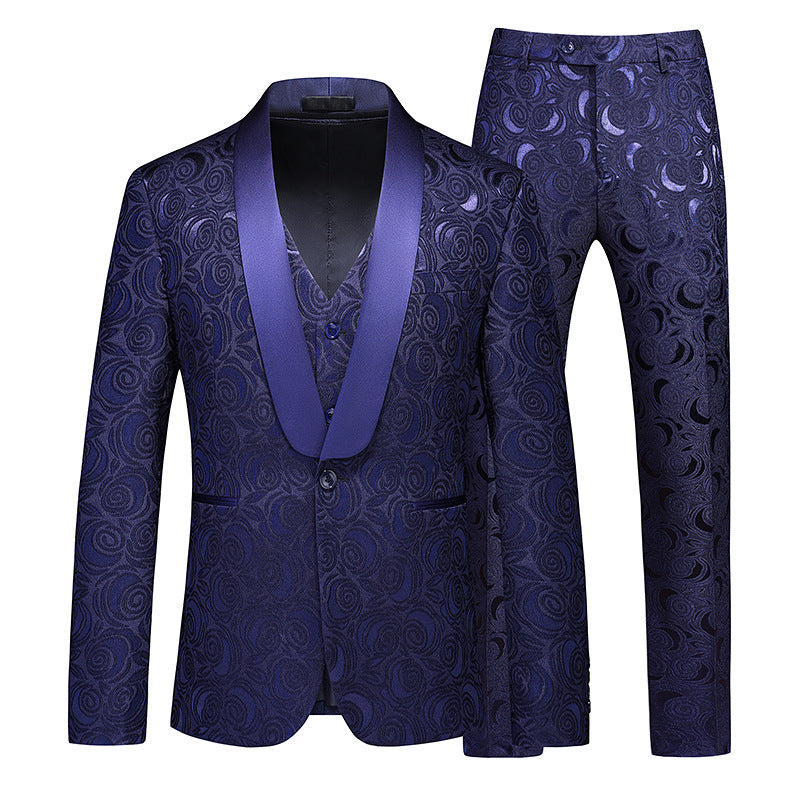 Men's 3-Piece Rose Embroidery Shawl Lapel Navy Suit