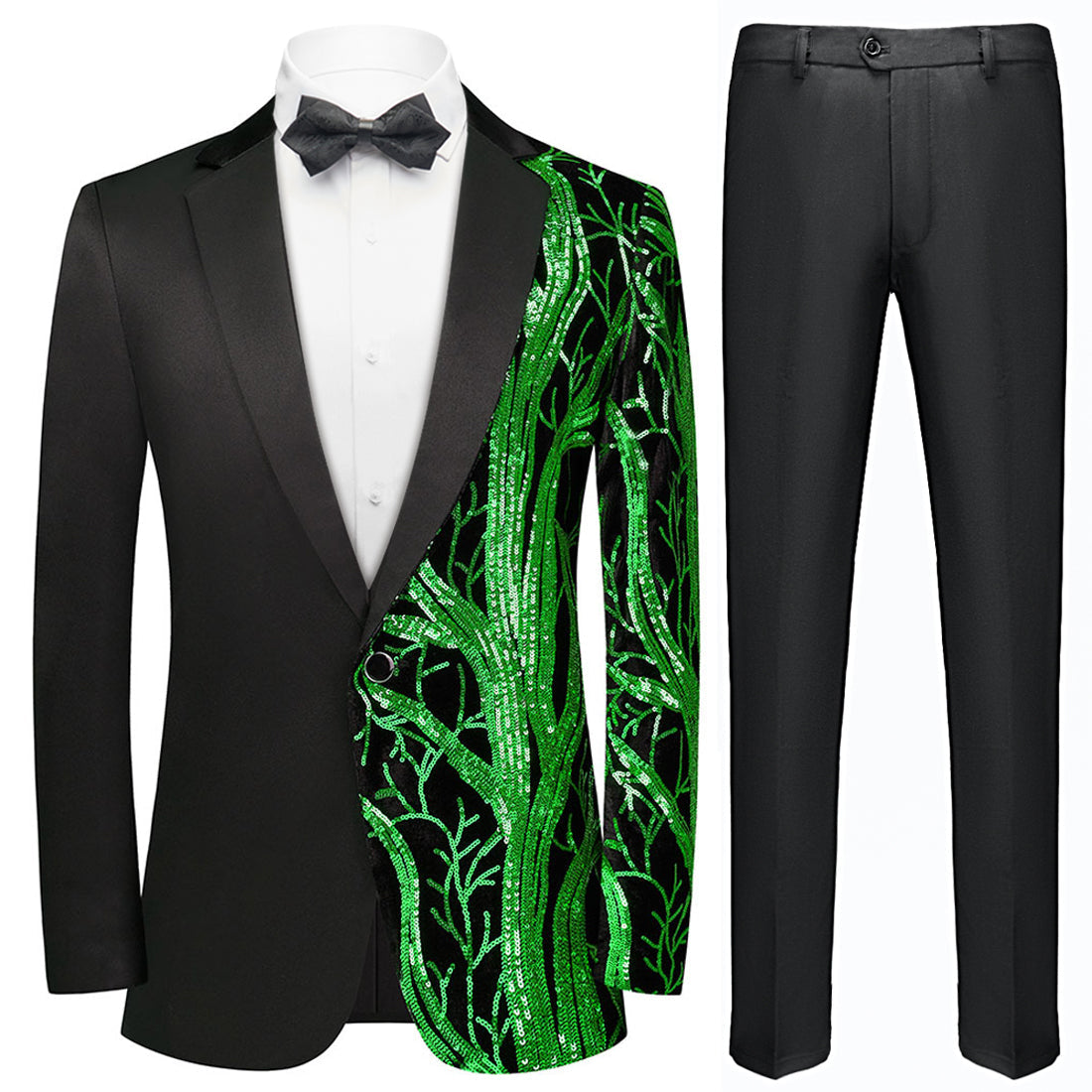 Men's 2-Piece Suit Green Shimmering Branches Black Tuxedo