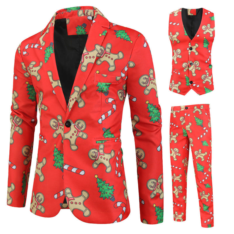 Men's 3-Piece Christmas Gingerbread Man Printed Red Suit