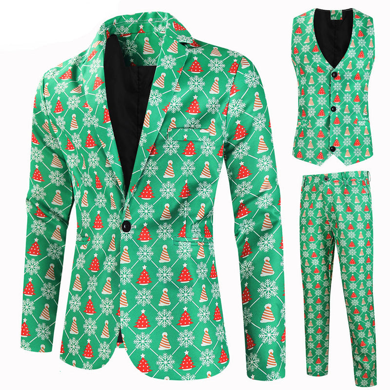 Men's 3-Piece Christmas Trees Printed Green Suit