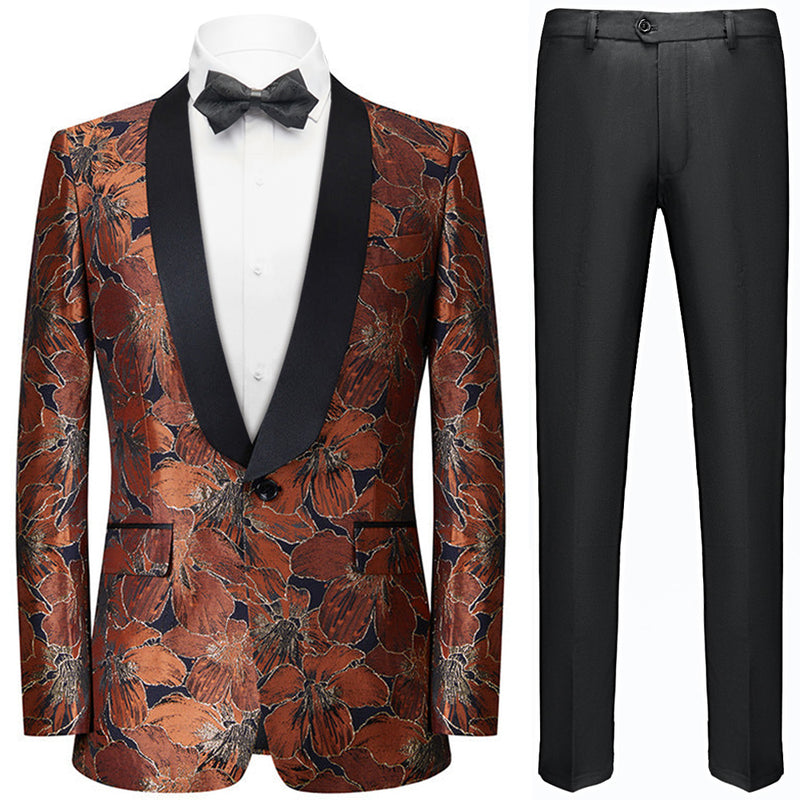 Men's Brown Flower Embroidered Black Tuxedo Jacket